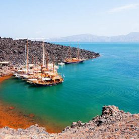 There are volcano cruises and short trips from Fira with a boat and a lot of tourists visit the volcanic landscape