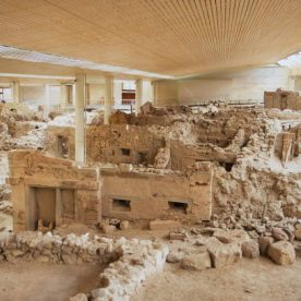 Akrotiri, Greece - August 01, 2012: Ruins of the ancient buildings from the Minoan Bronze Age at the archaeological site in Akrotiri, Greece.
